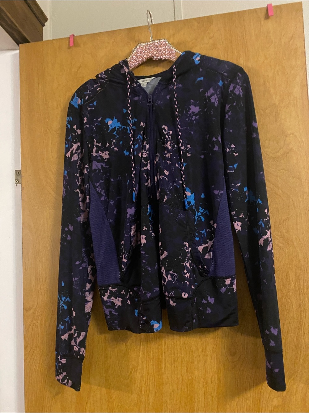 Women's Black Bomber Jacket with Blue and Purple Splatter